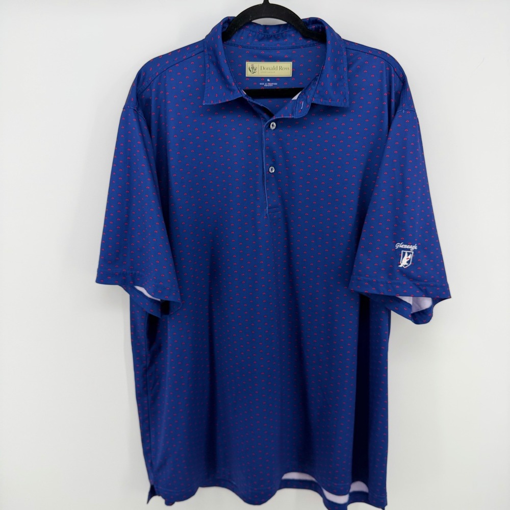 Donald‎ Ross Gleneagles Golf Polo XL Blue Red Scottish Thistle Print Performance